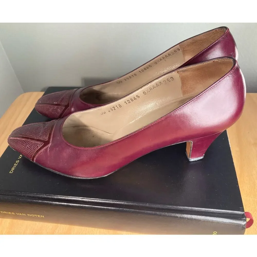 Ferragamo Vintage Snakeskin & Leather Burgundy Pumps Heels Sz 9.5 AAAA Narrow - Picture 2 of 10